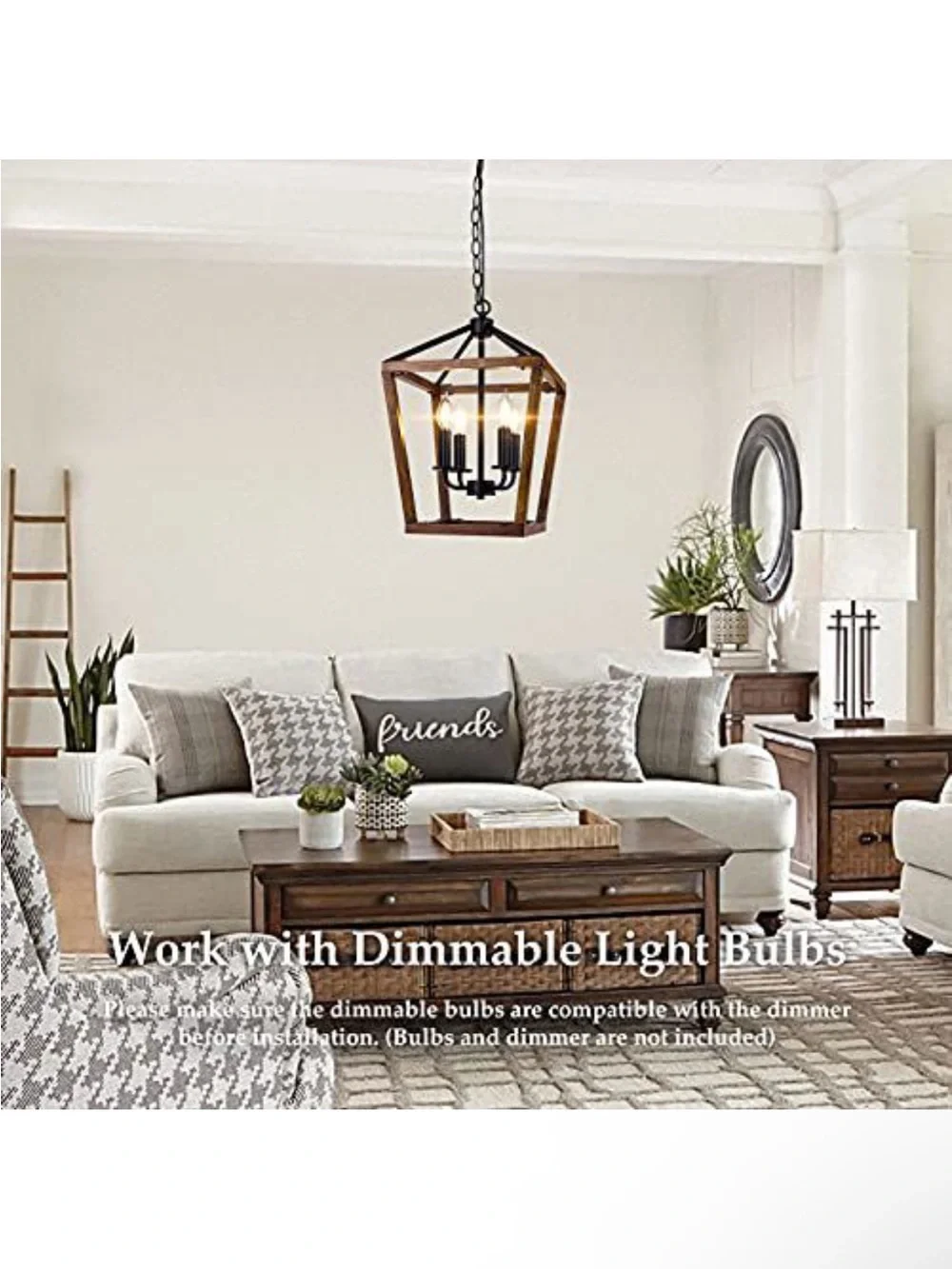 Wood Frame 4-Light Pendant Chandelier in Brown and Black